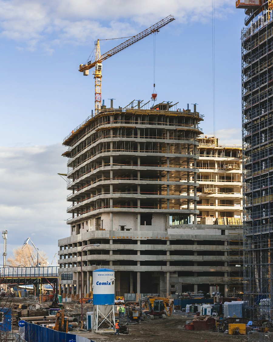 Building under construction with a crane