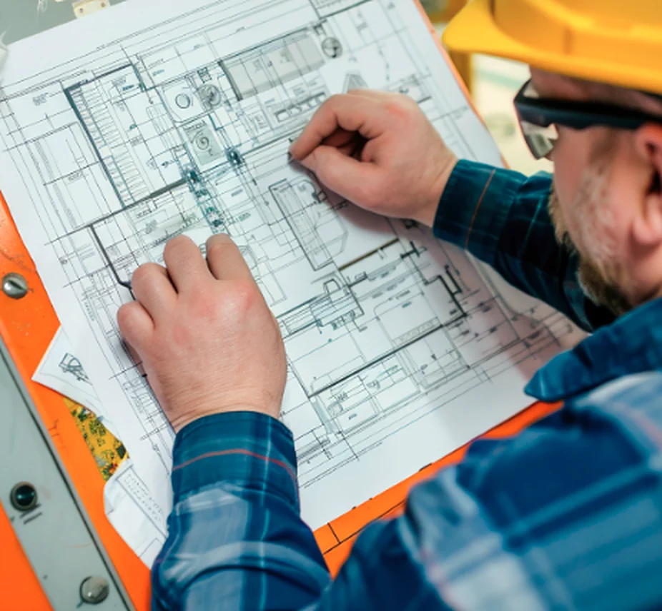 Engineer marking up MEP drawings beside an electrical control panel